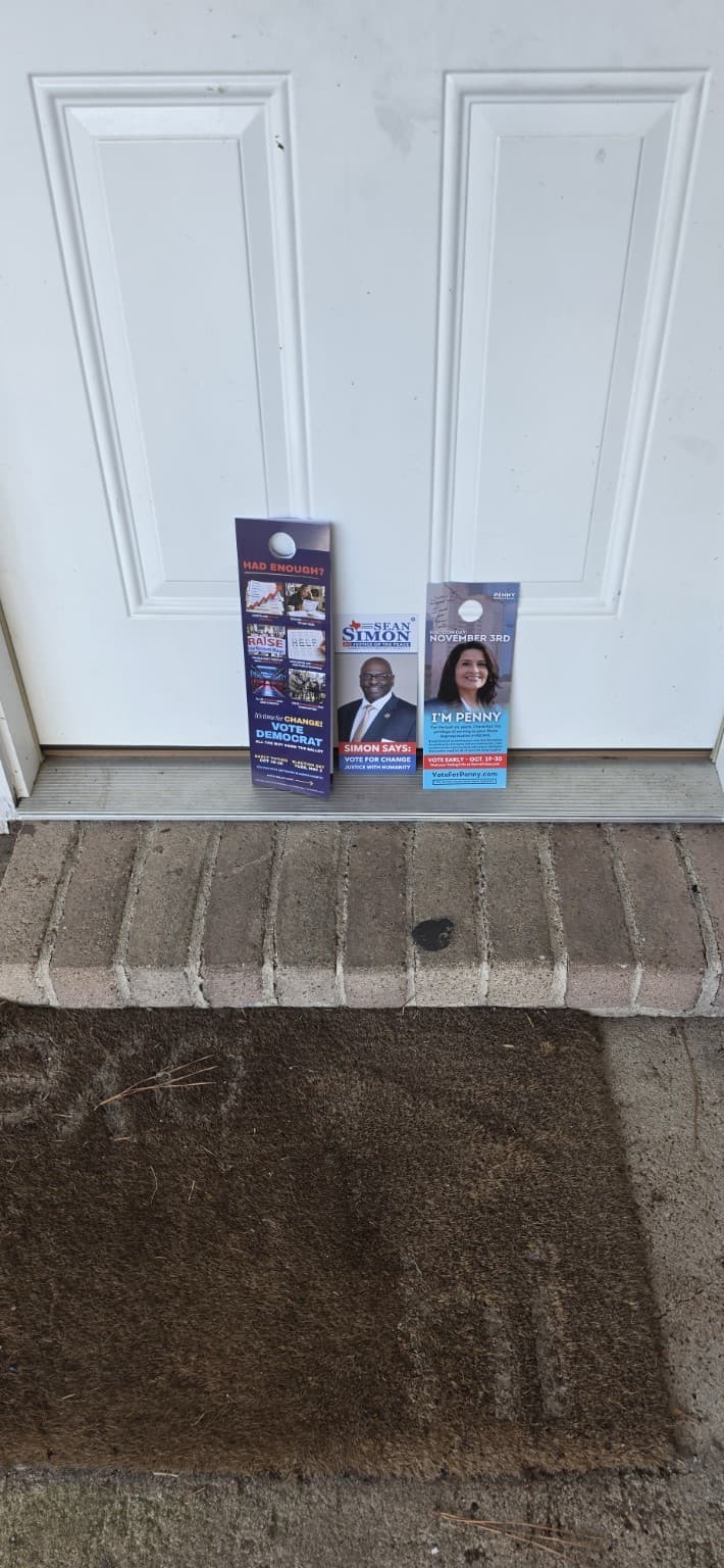 Campaign literature delivered during neighborhood outreach.