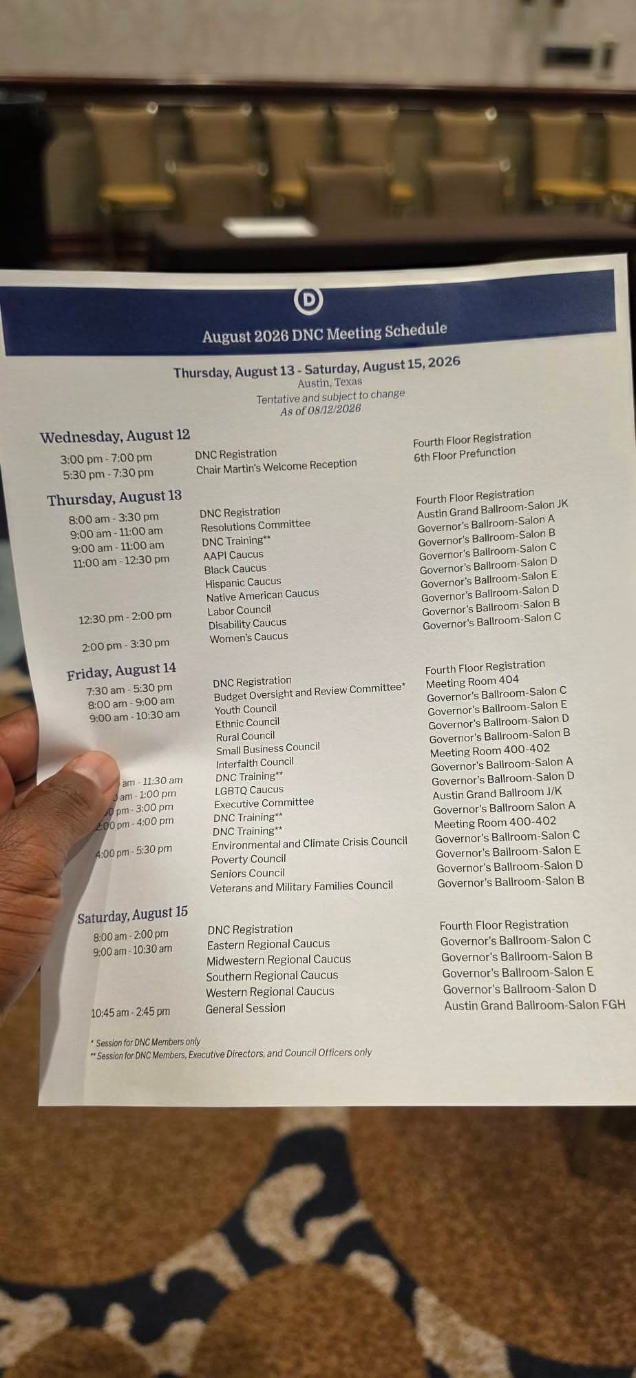 DNC meeting schedule for the August 2026 Austin meeting