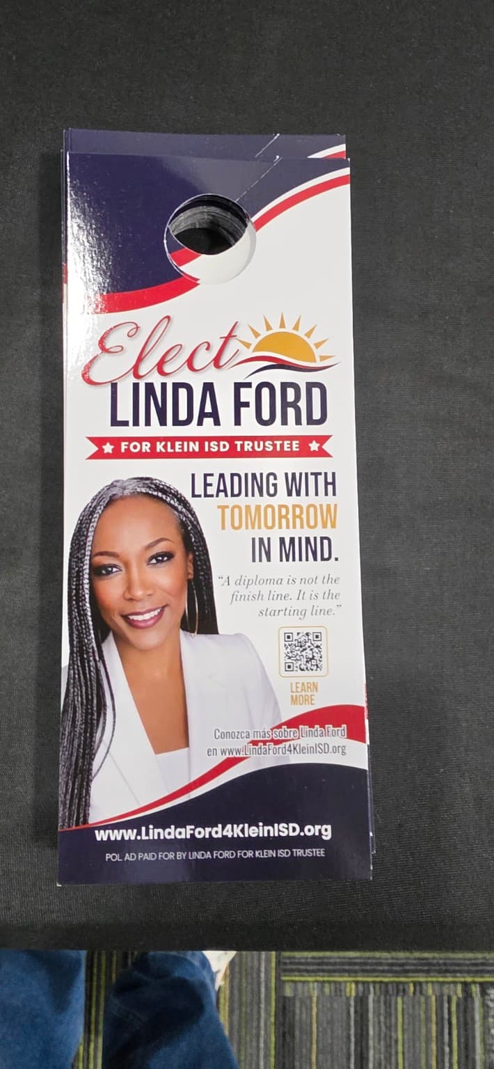 Linda Ford for Klein ISD Trustee campaign door hanger.