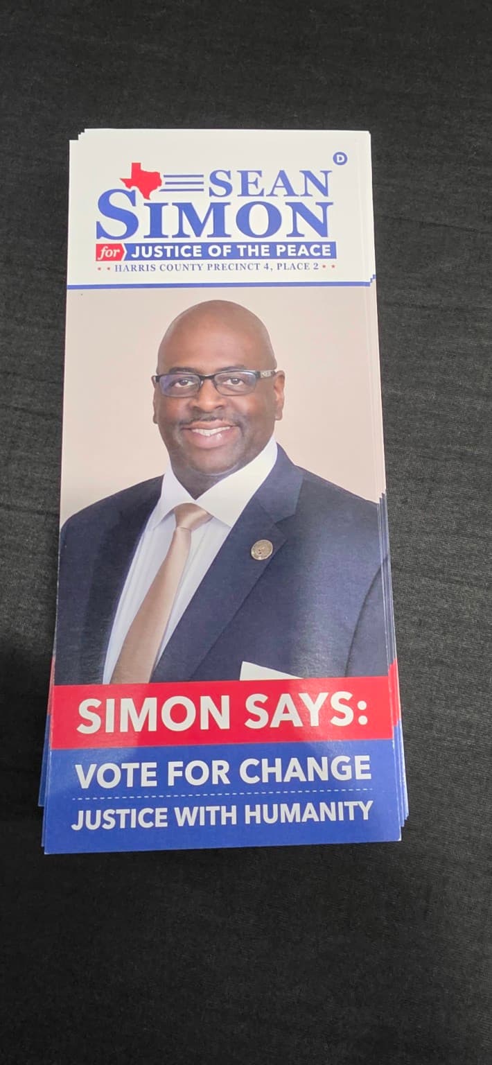 Sean Simon for Harris County Justice of the Peace campaign literature.