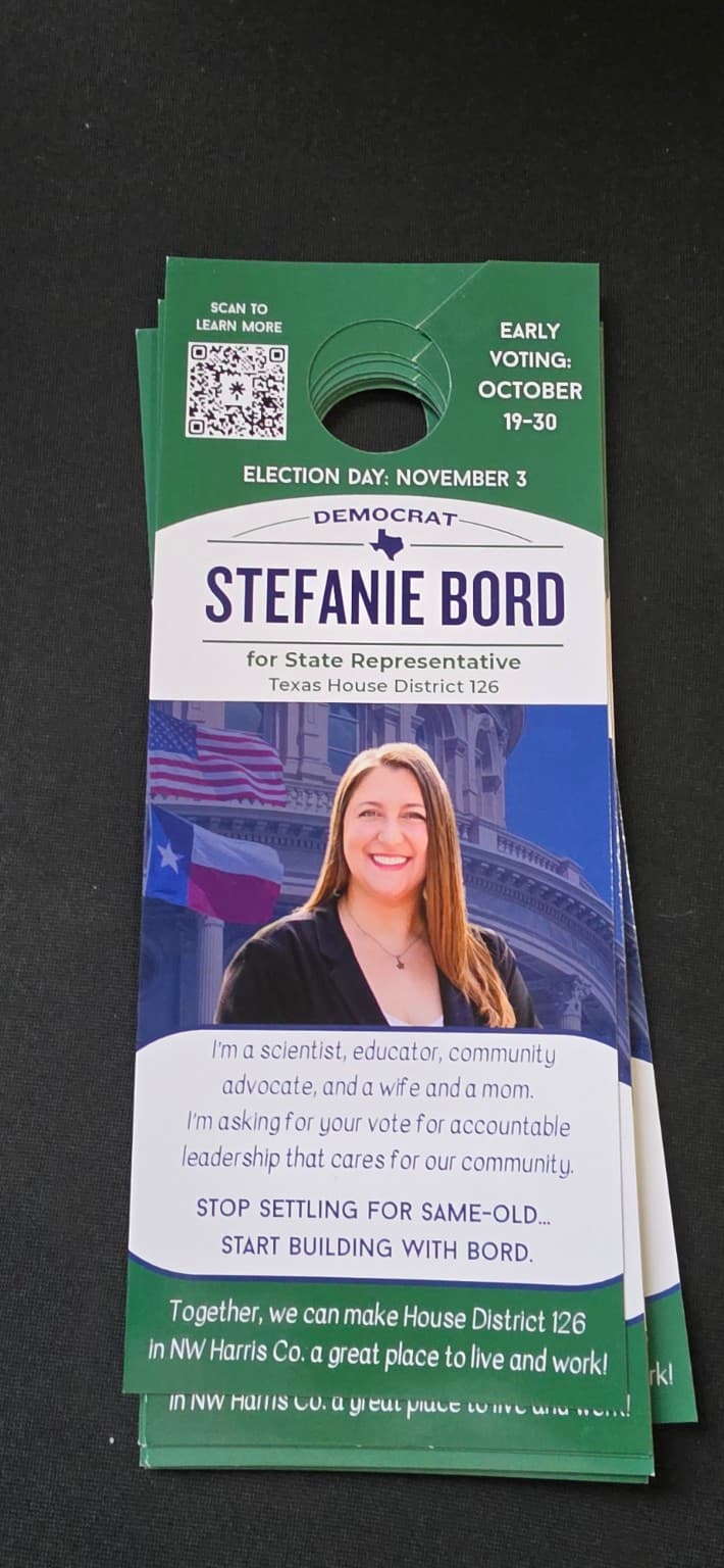 Stefanie Bord for Texas House District 126 campaign door hanger.